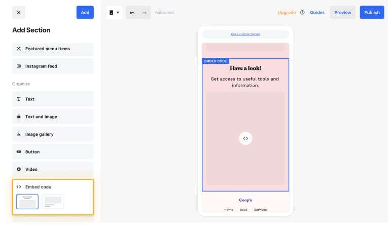 Select the embed code button on Weebly
